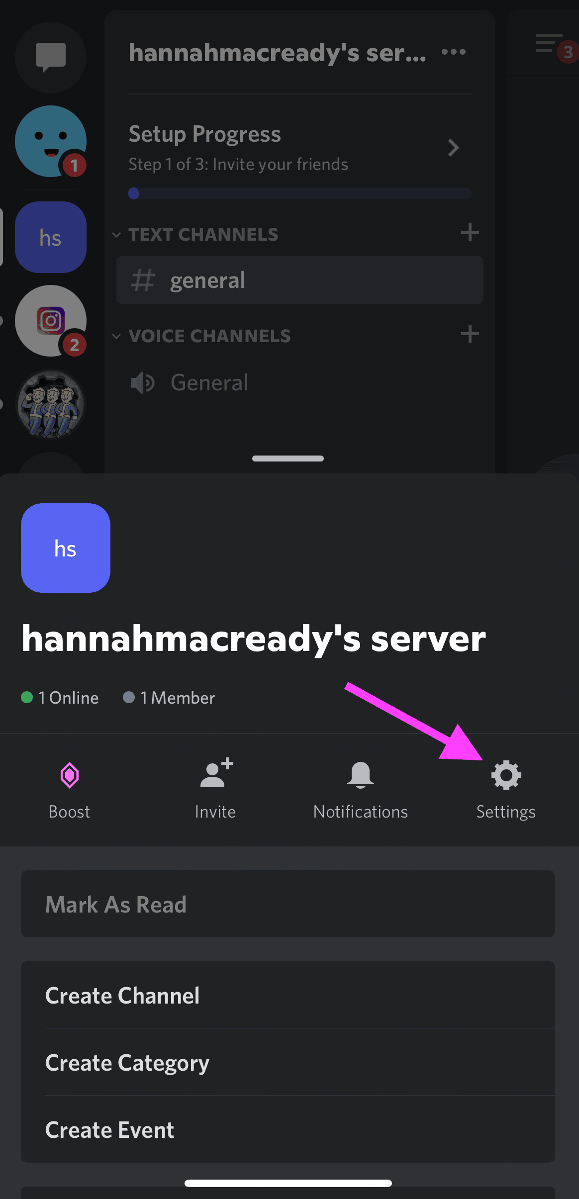 paramètres du serveur dans l'application mobile discord
