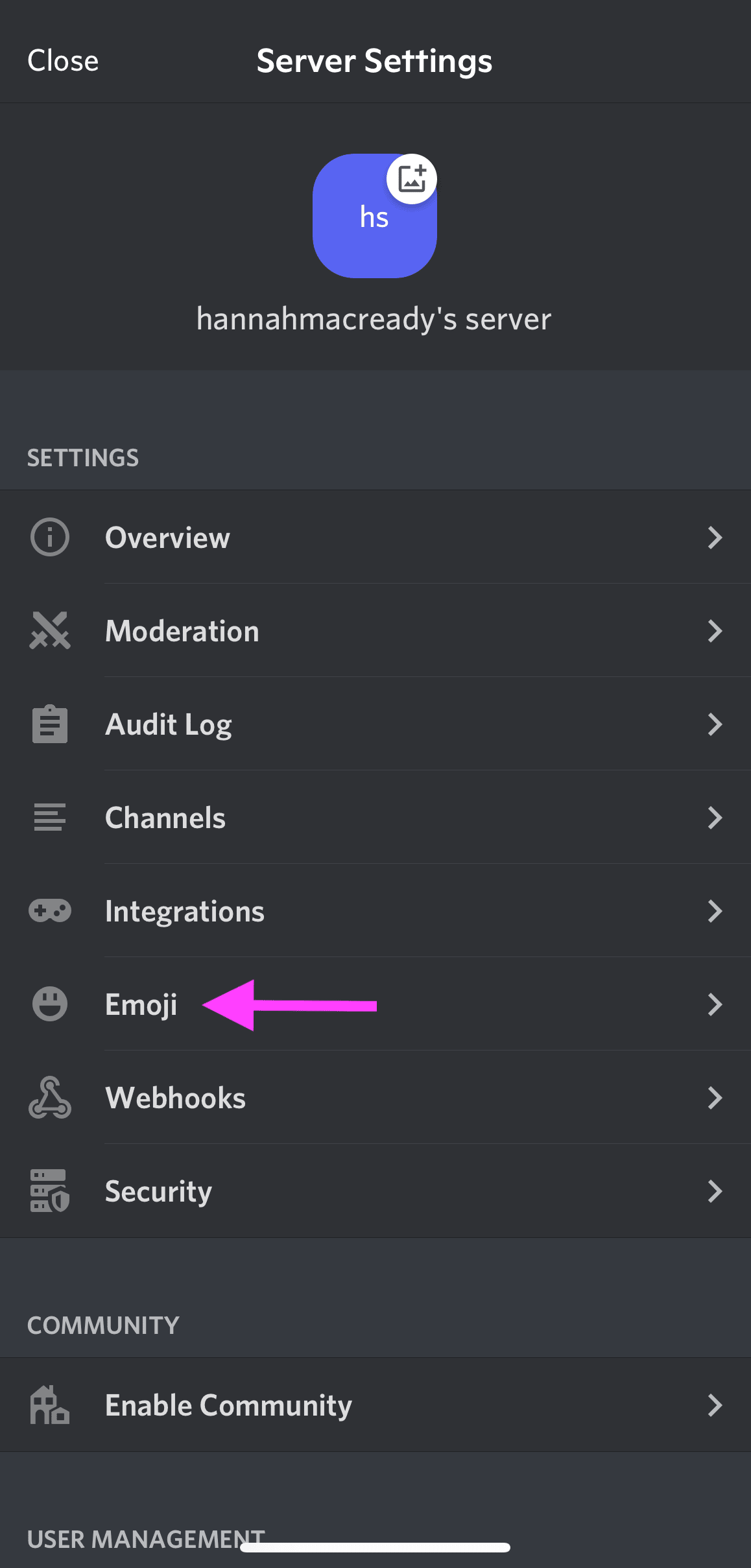 paramètres emoji dans l'application mobile discord