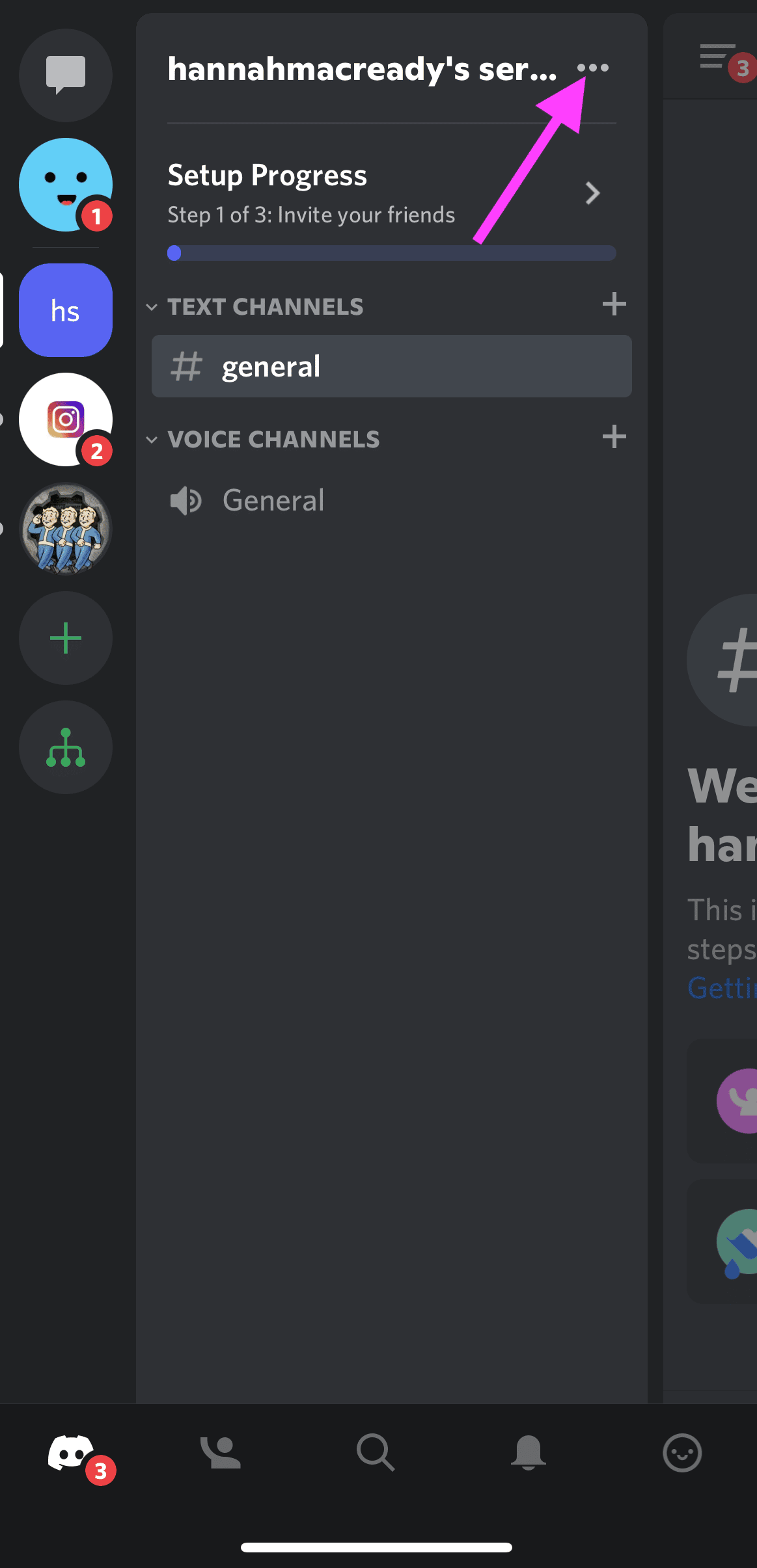 trois points à droite de l'application mobile pour ouvrir les paramètres du serveur discord