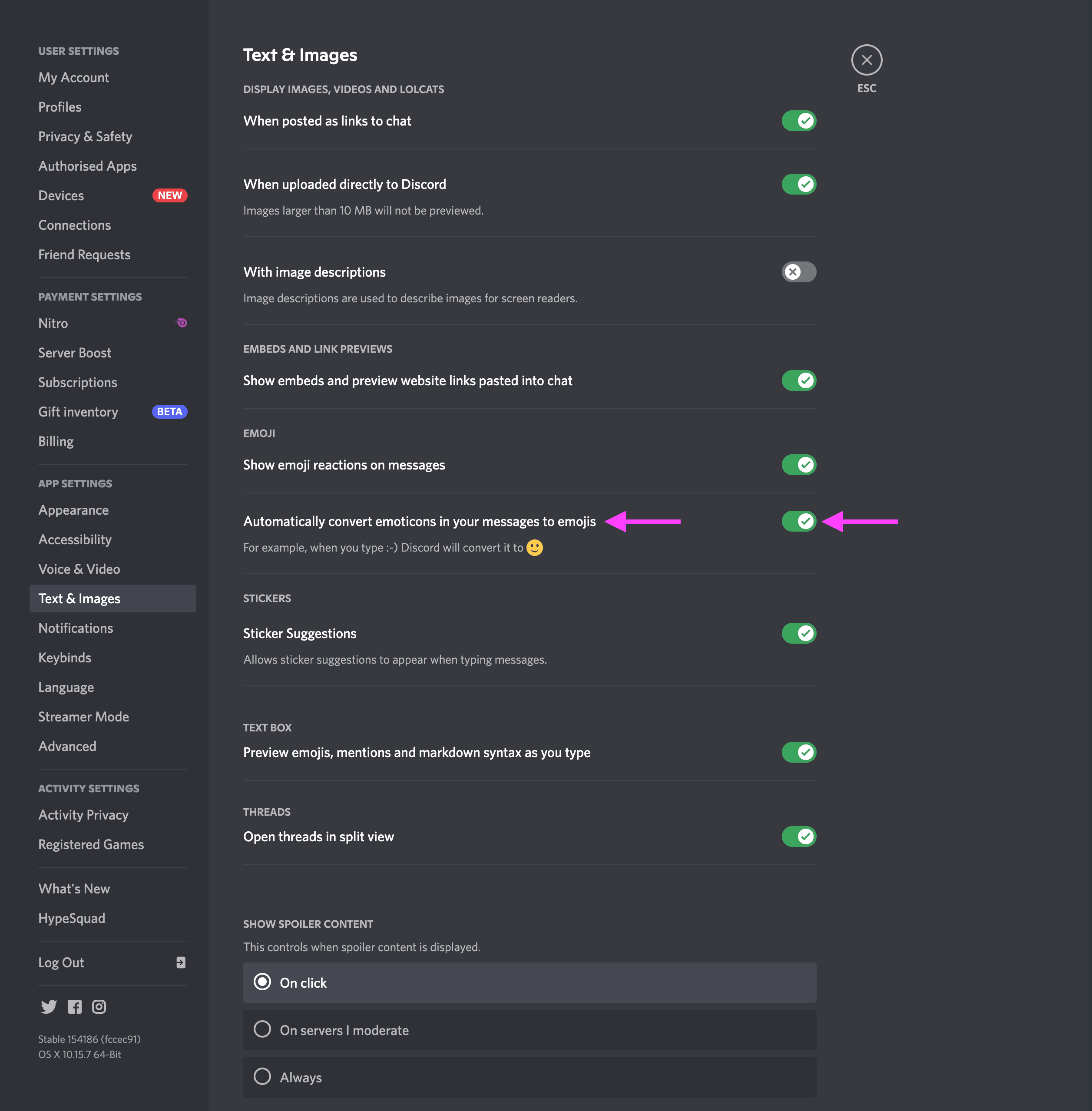 Convertissez automatiquement les émoticônes de vos messages en bouton emojis dans les paramètres du serveur Discord