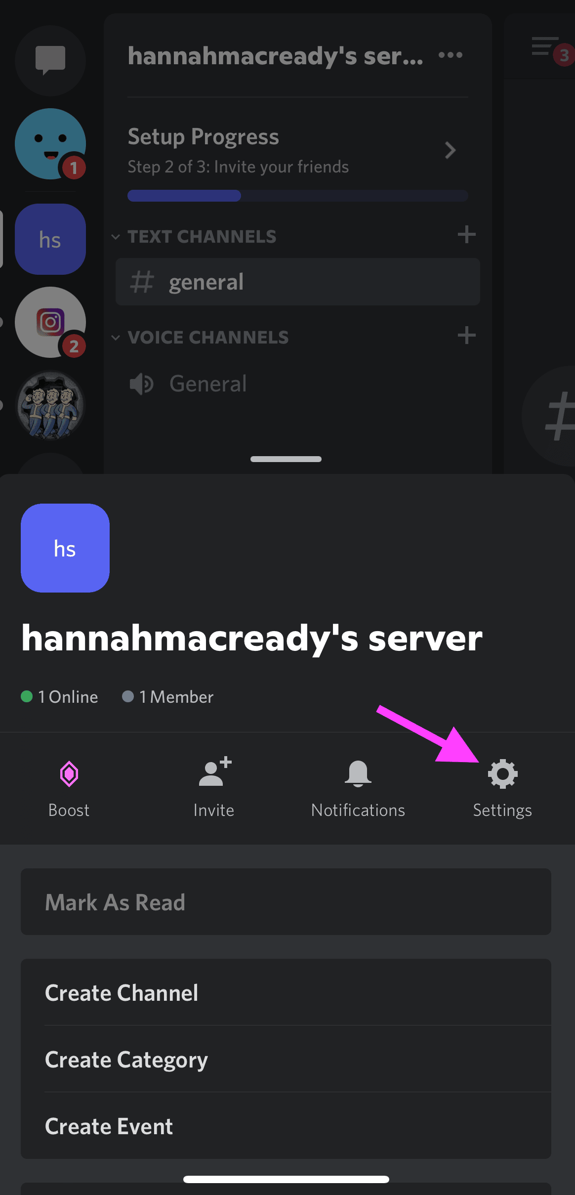 icône d'engrenage des paramètres du serveur discord dans l'application mobile