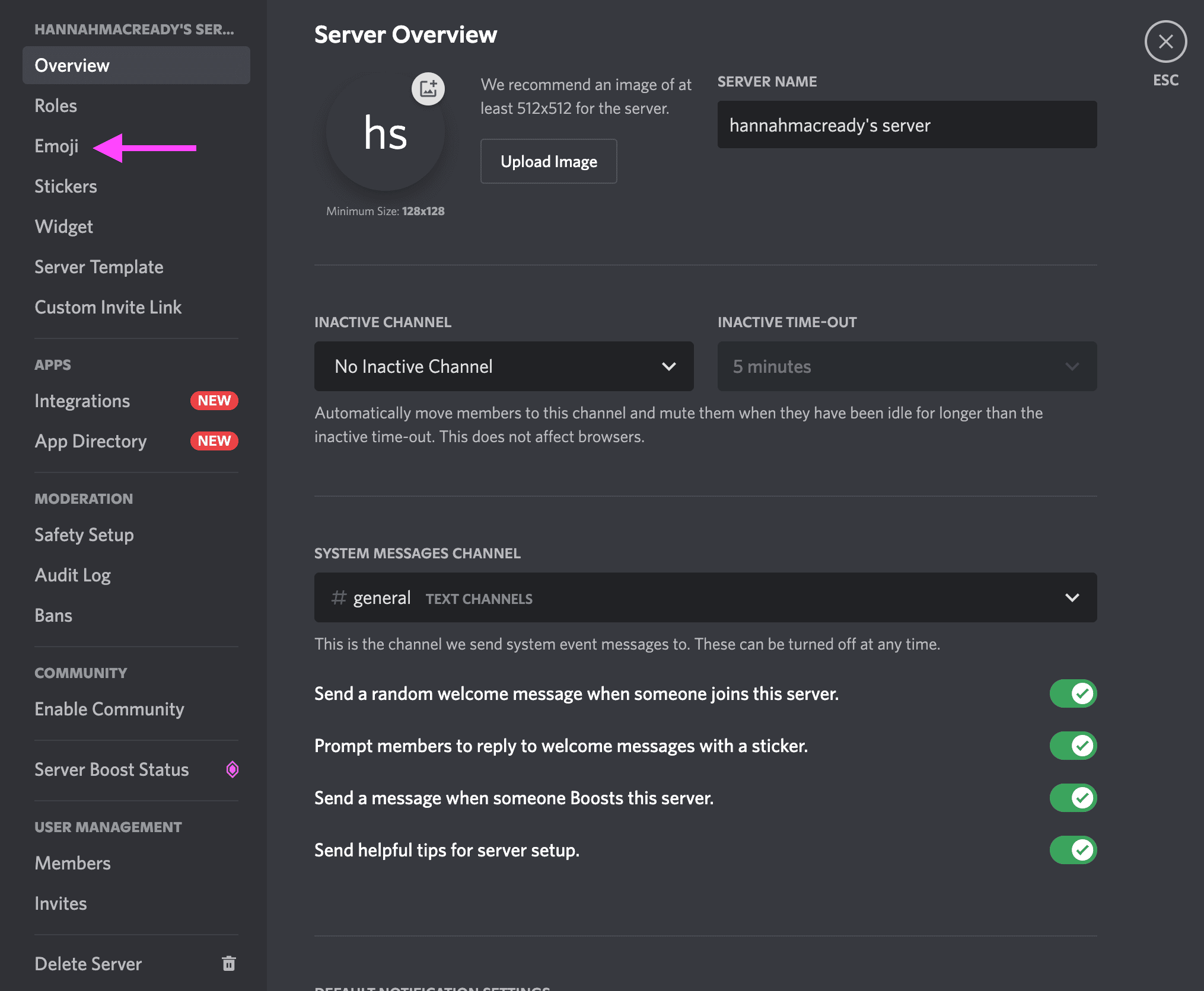 option emoji dans les paramètres du serveur discord