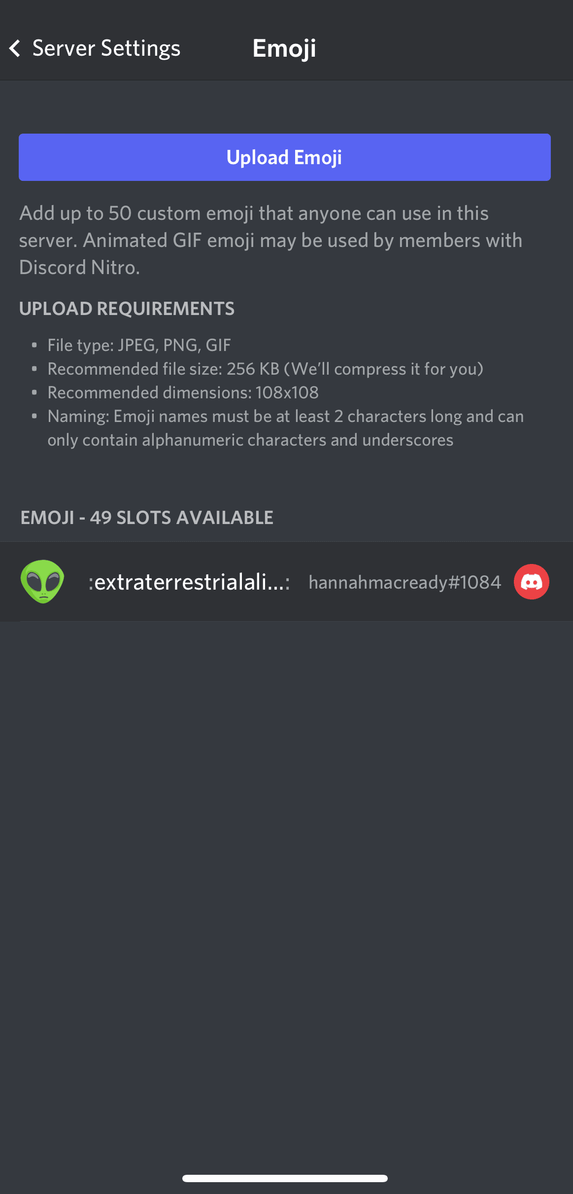 emojis personnalisés affichés dans les paramètres du serveur discord