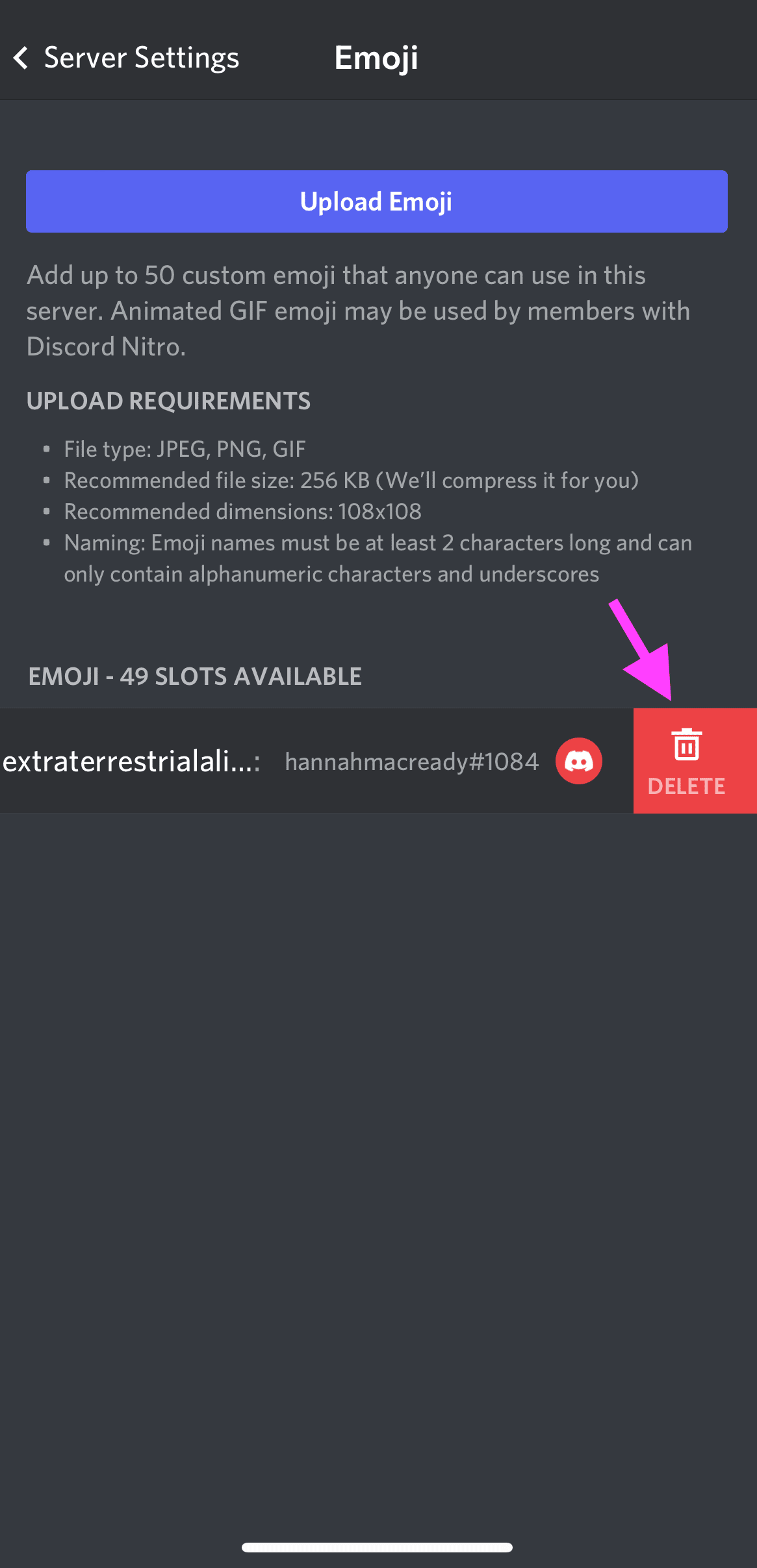 supprimez les emoji de discorde personnalisés en balayant vers la gauche dans l'application mobile