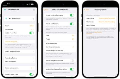 paramètres de l'application Eve Outdoor Cam