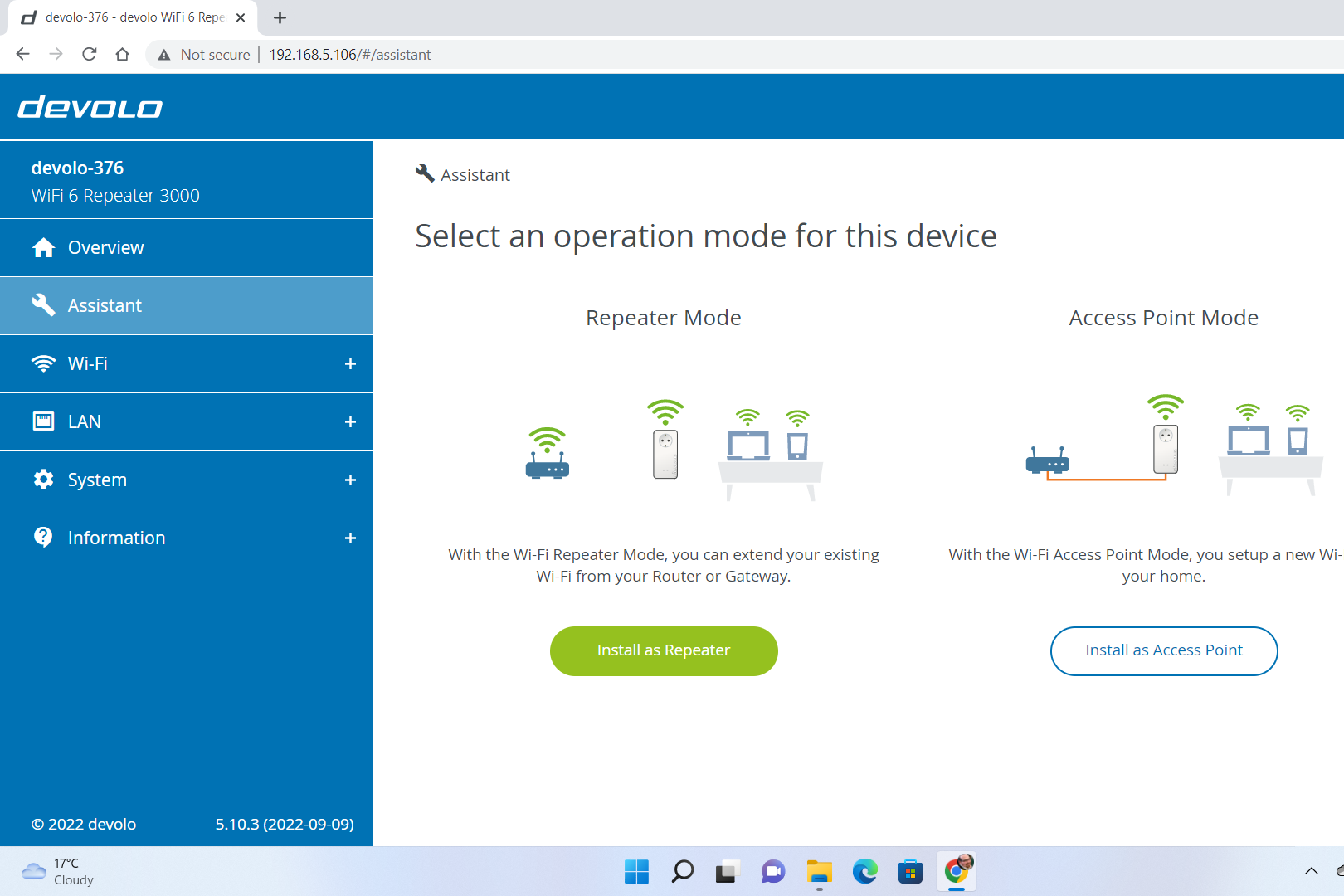 Sélection du mode de fonctionnement du Devolo WiFi 6 Repeater 3000