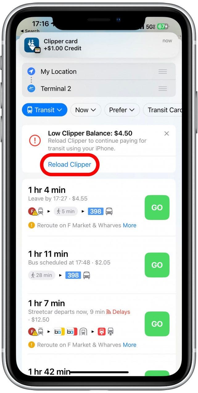 appuyez sur Recharger (Nom de la carte de transport).