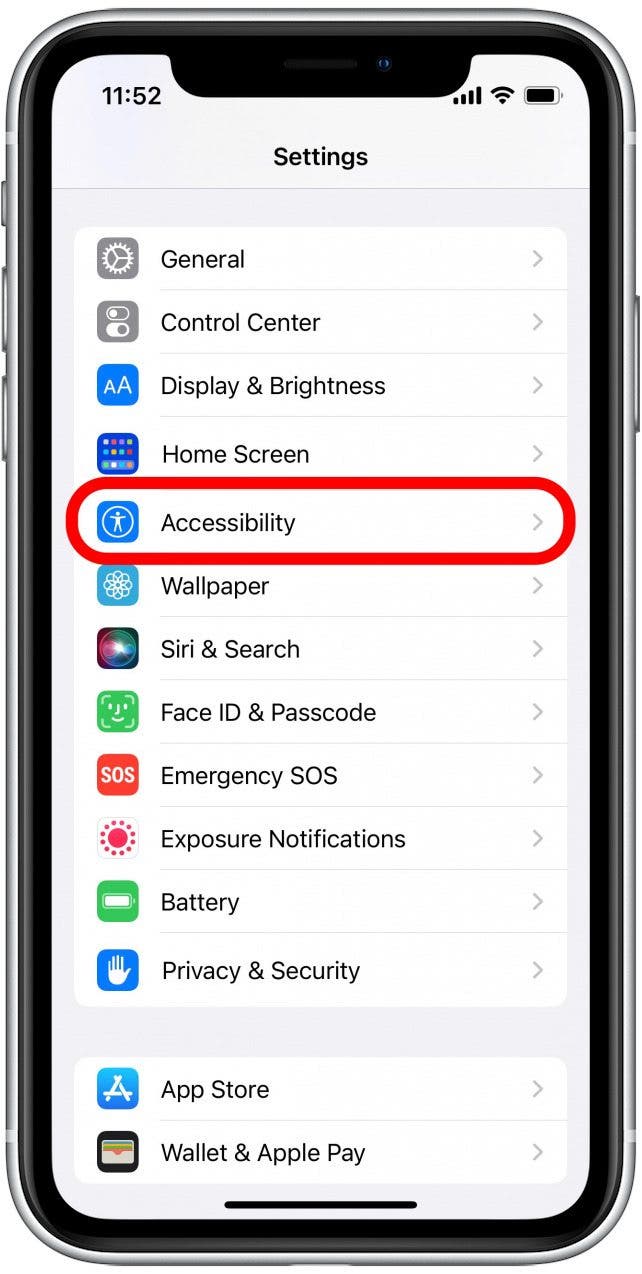 Faites défiler vers le bas et appuyez sur Accessibilité.