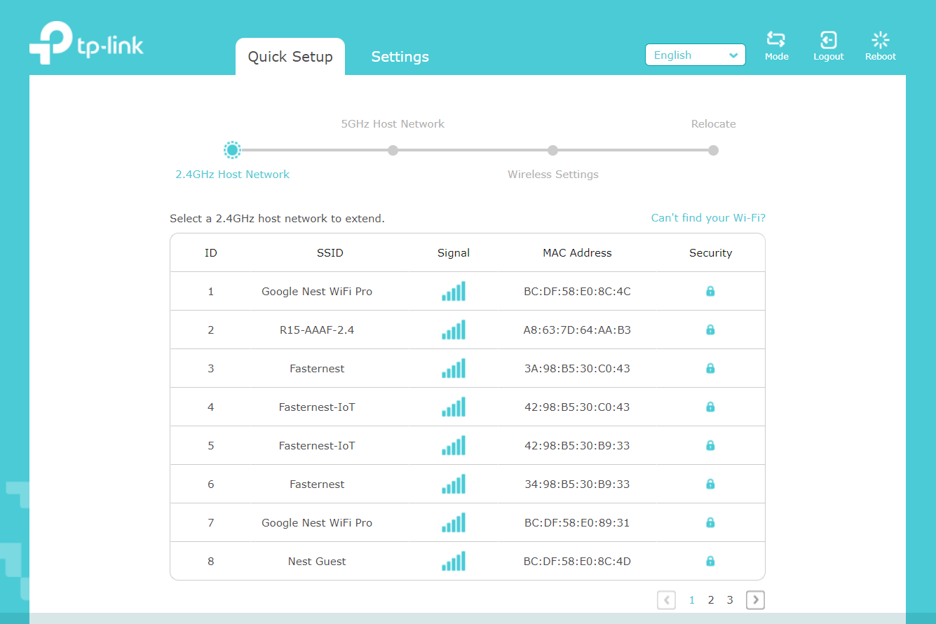 TP-Link RE700X sélectionne le réseau à étendre