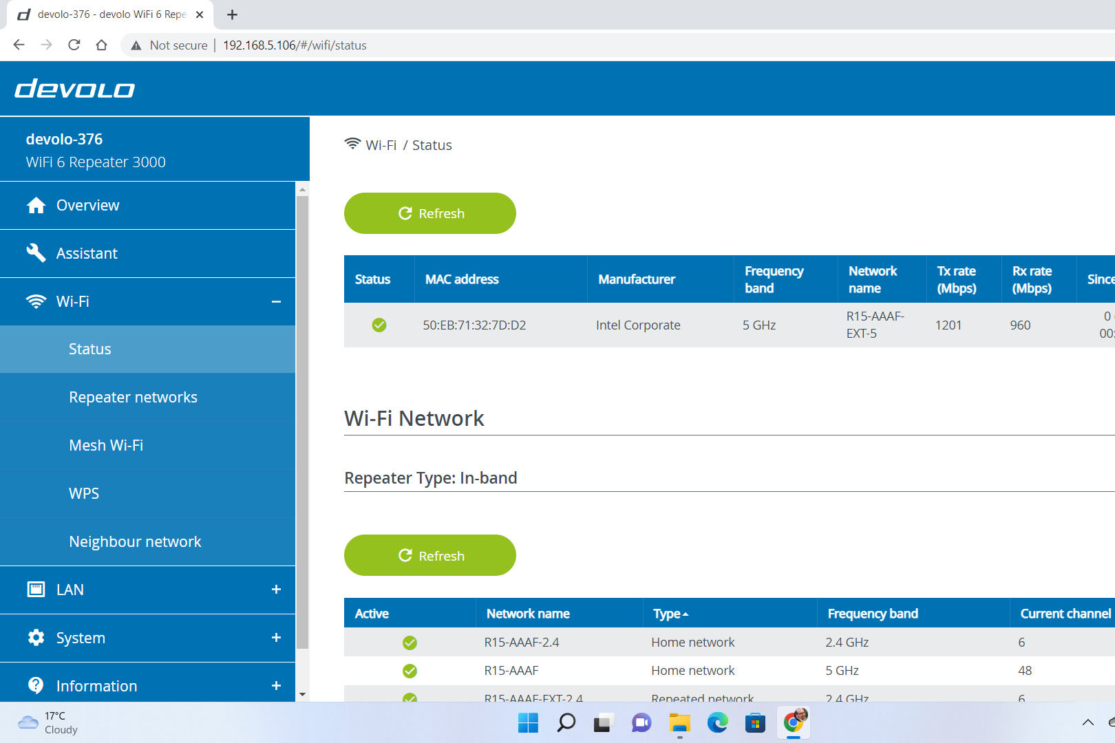 Page d'état du Devolo WiFi 6 Repeater 3000
