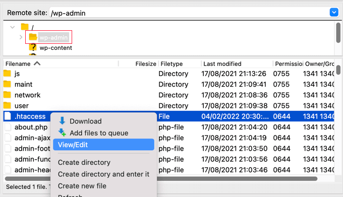 Une fois que vous avez localisé le fichier .htaccess, cliquez avec le bouton droit et ouvrez l'option