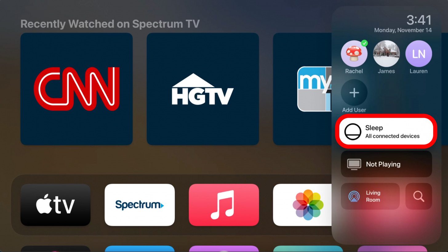 L'élément suivant du menu est "Dormir," qui, lorsqu'il est tapé, mettra votre Apple TV en mode veille. Pour moi, cela éteint également automatiquement mon téléviseur, mais cela peut dépendre de la marque et du modèle de votre téléviseur.