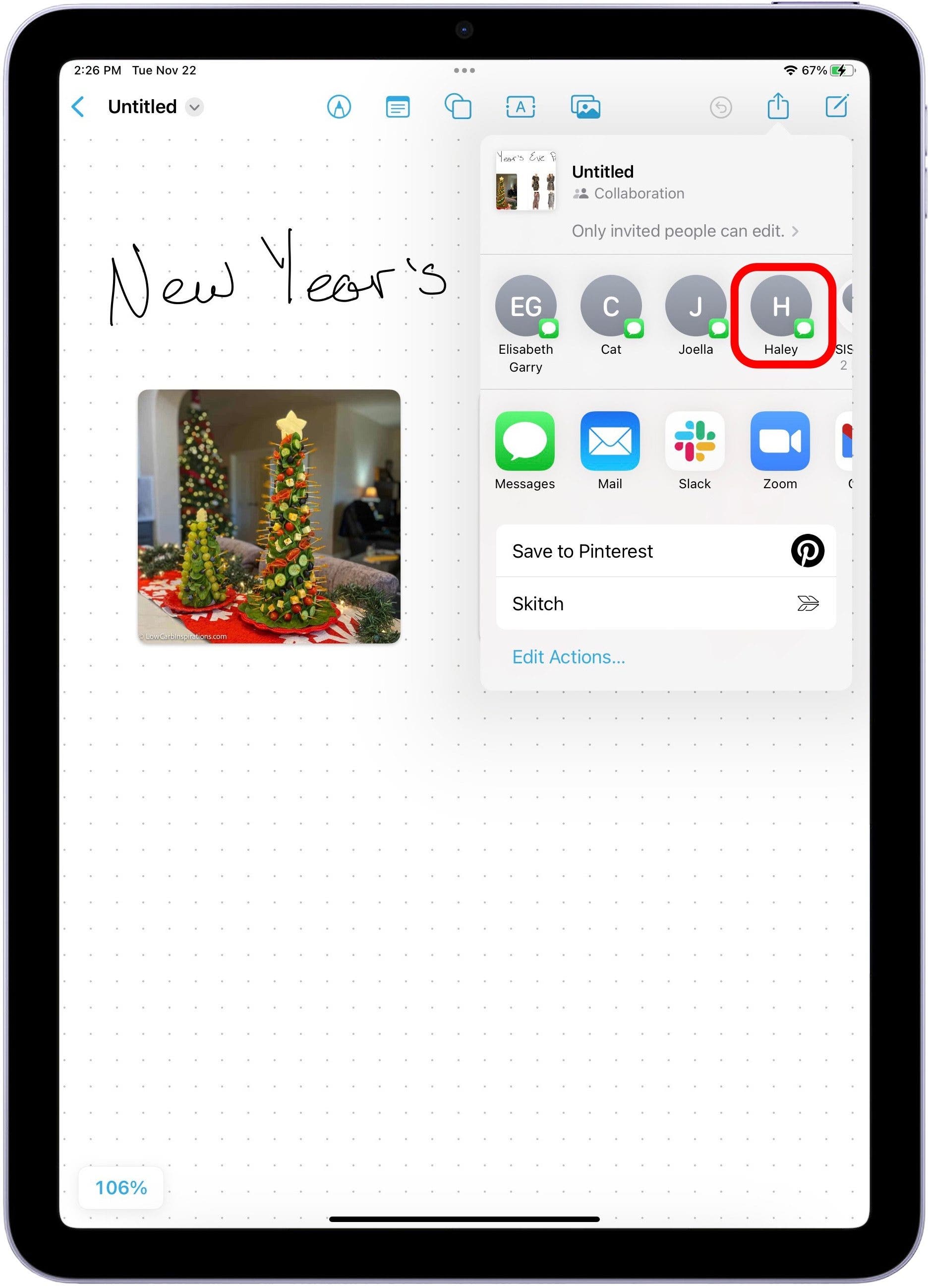 appuyez sur avec qui vous souhaitez partager le tableau de forme libre