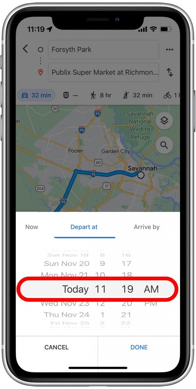 Sur cet écran, vous pouvez définir votre heure de départ en faisant défiler les dates et les heures.