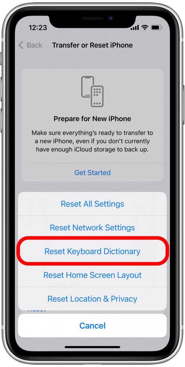 Appuyez sur Réinitialiser le dictionnaire du clavier.