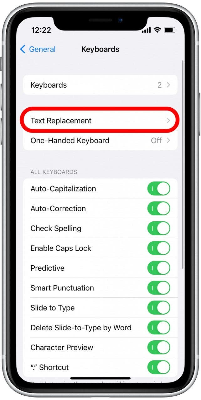 Appuyez sur Remplacement de texte.
