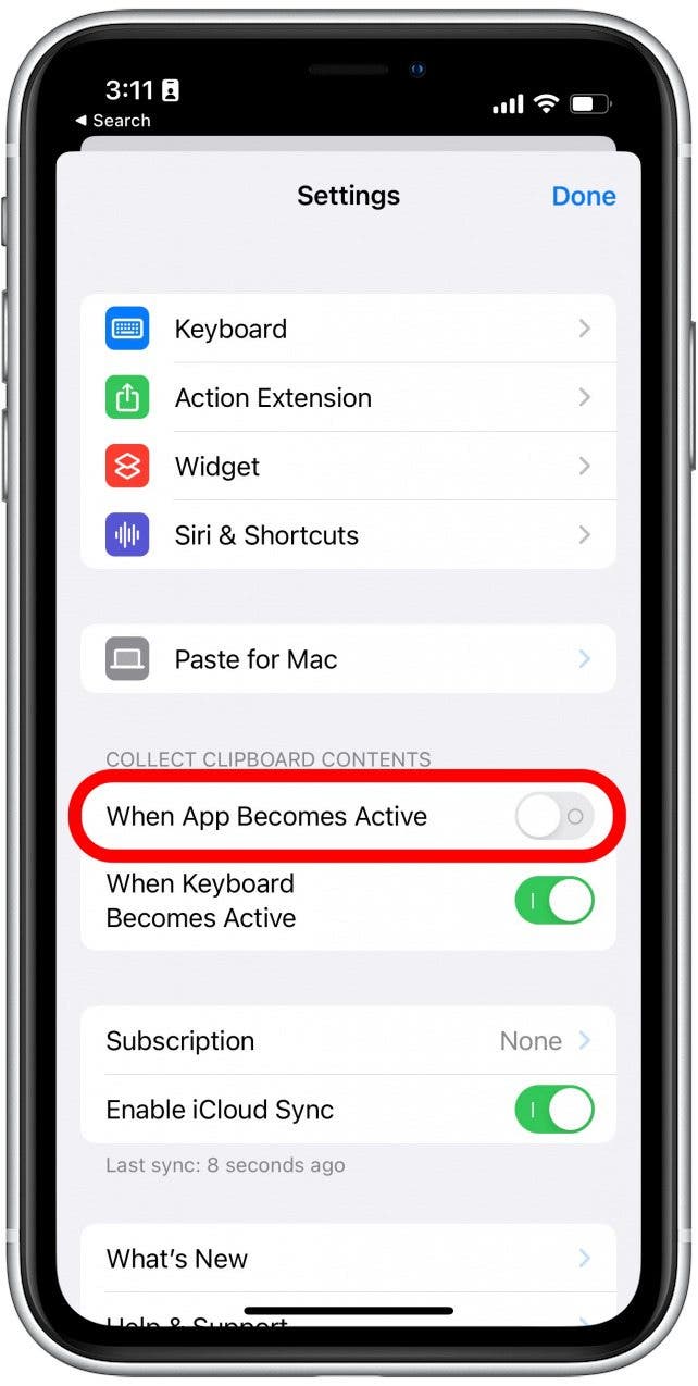 Appuyez sur la bascule à côté de Lorsque l'application devient active jusqu'à ce qu'elle devienne verte.