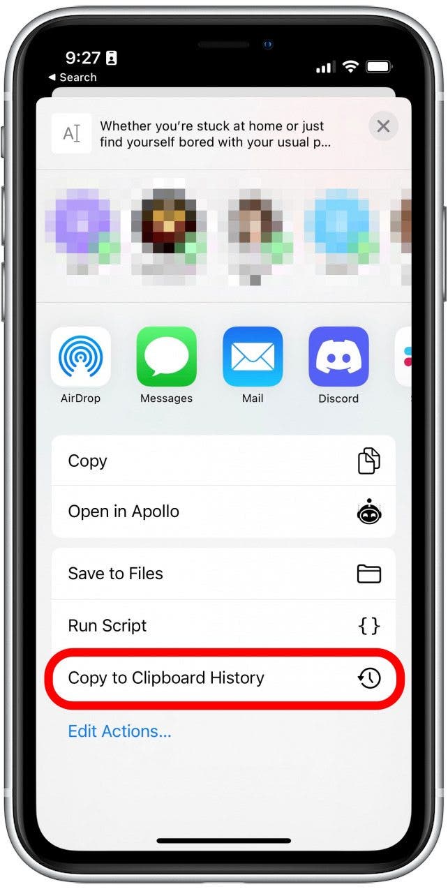 Appuyez sur Copier dans l'historique du presse-papiers pour copier le texte sélectionné dans l'application Coller.