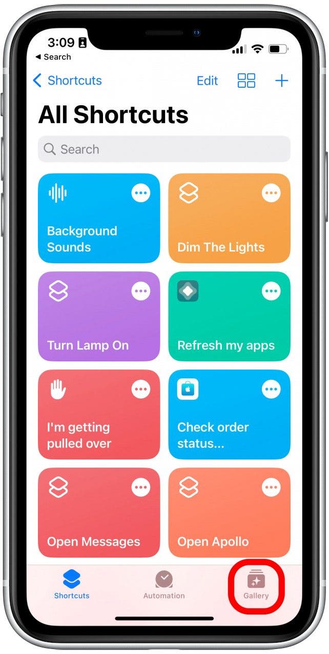 Dans l'application Raccourcis, appuyez sur Galerie.