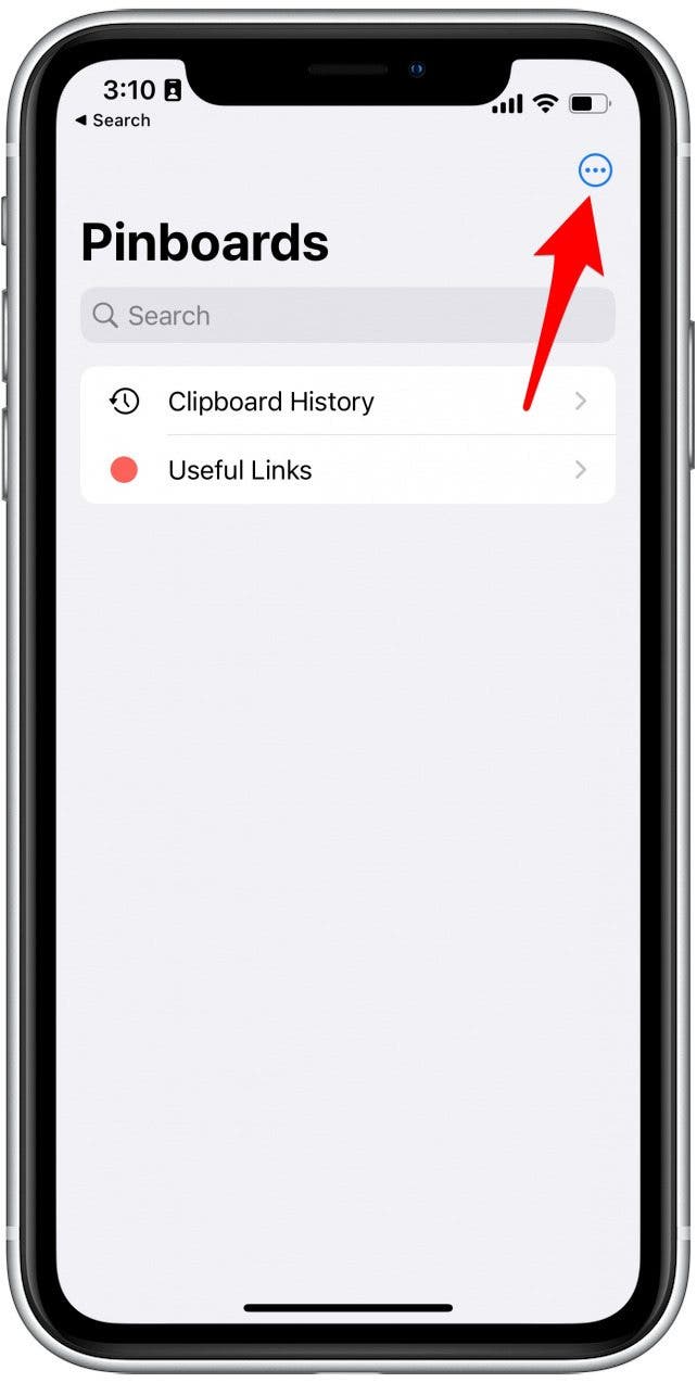 Dans l'application Coller, appuyez sur les trois points dans le coin supérieur droit de votre écran.