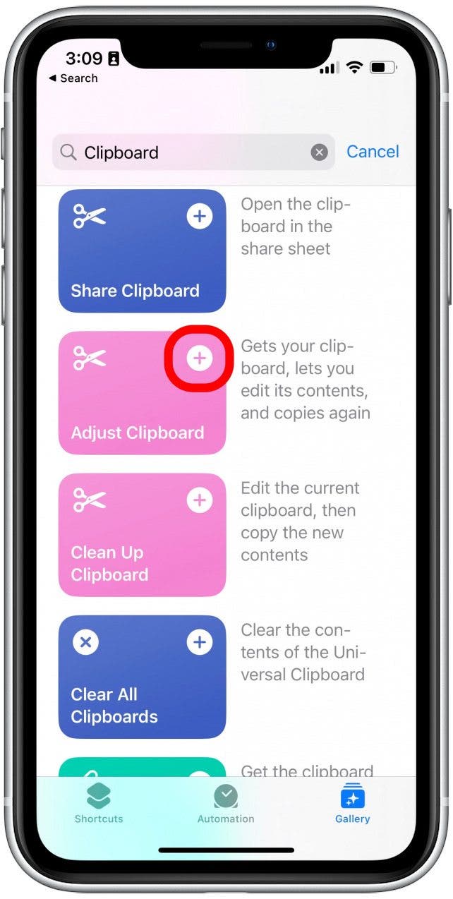 Faites défiler jusqu'à ce que vous trouviez le raccourci intitulé Ajuster le presse-papiers. Appuyez sur l'icône plus pour l'ajouter à vos raccourcis.