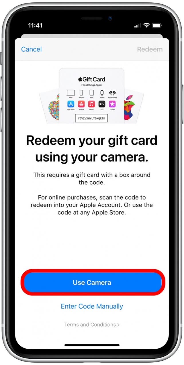 Appuyez sur Utiliser l'appareil photo pour échanger la carte-cadeau iTunes avec le partage familial.