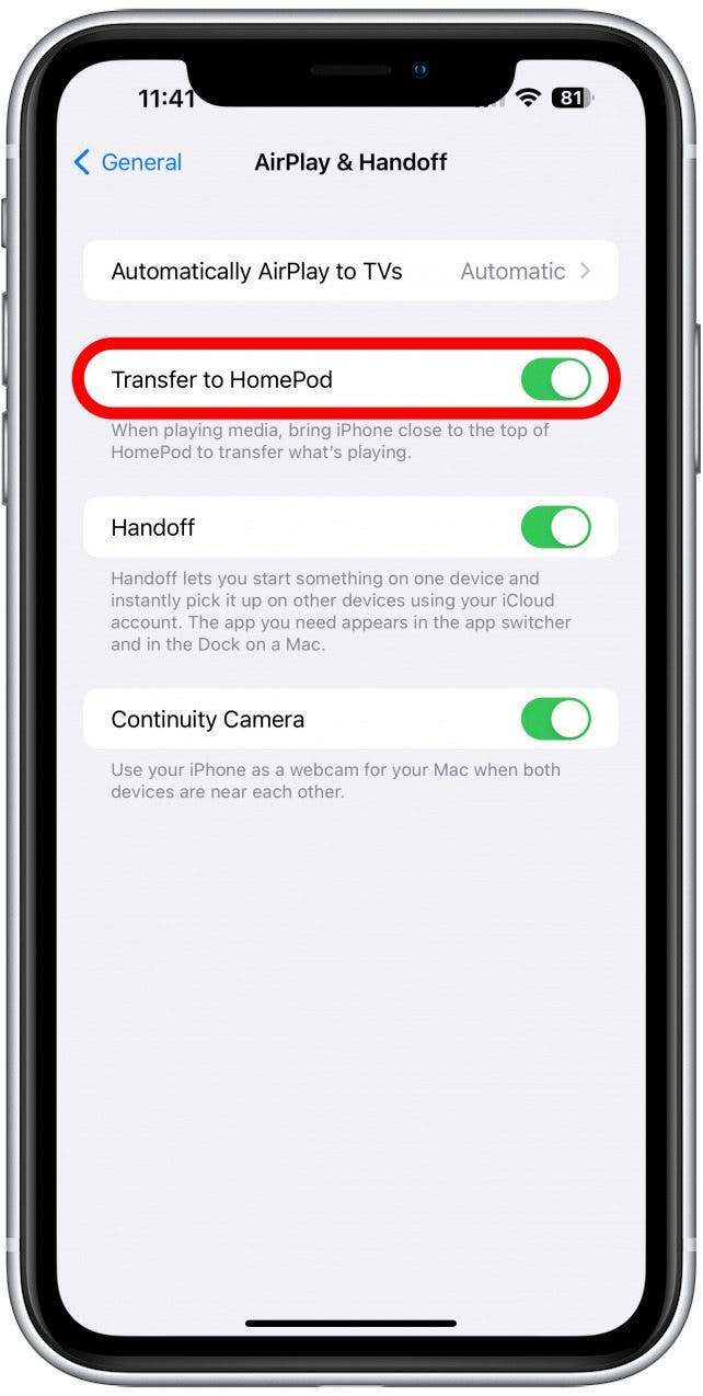 Désactivez le transfert vers HomePod.