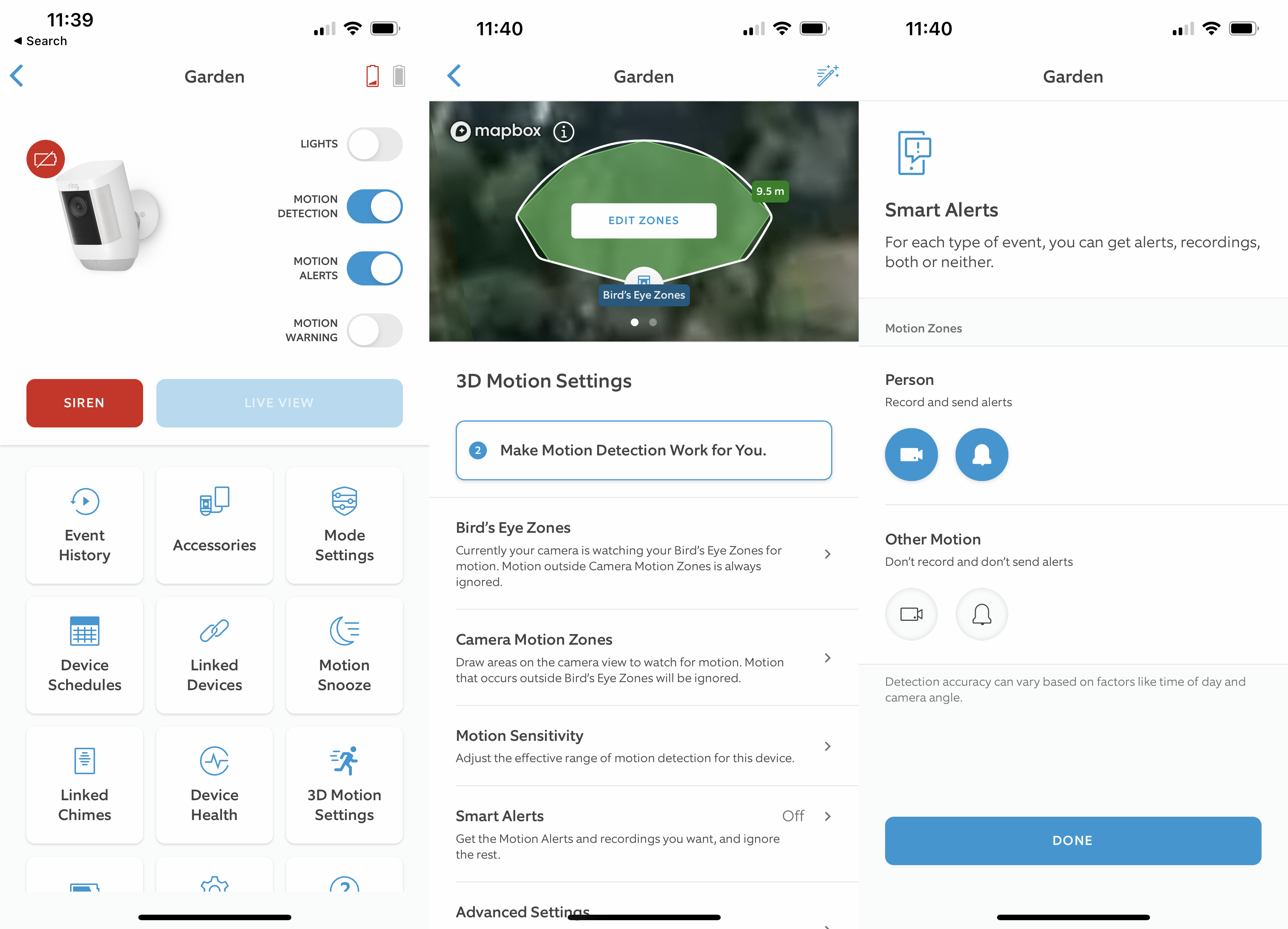 Les paramètres de mouvement de la Ring Spotlight Cam Pro dans l'application