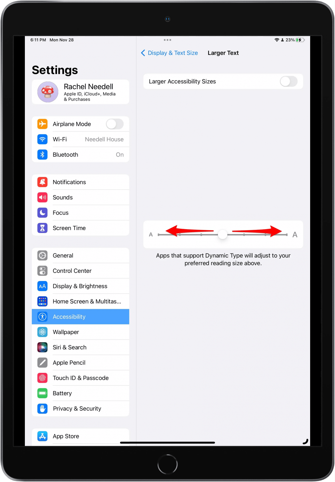 Curseur de taille de texte iPad
