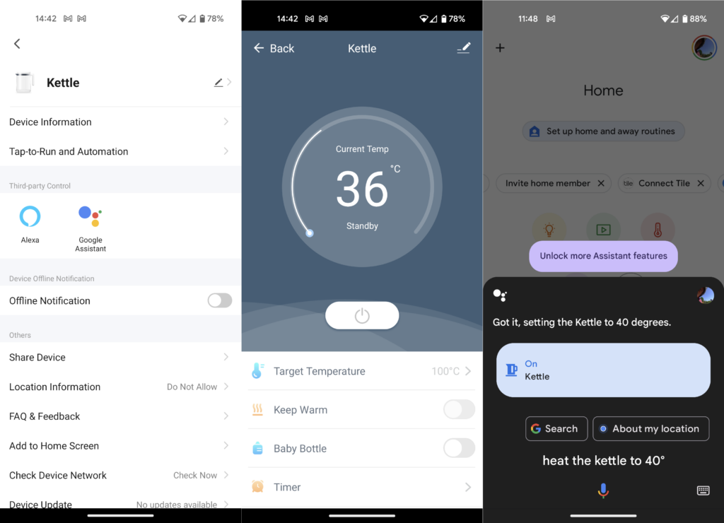 Le menu de l'application de la bouilloire WeeKett Smart Wi-Fi