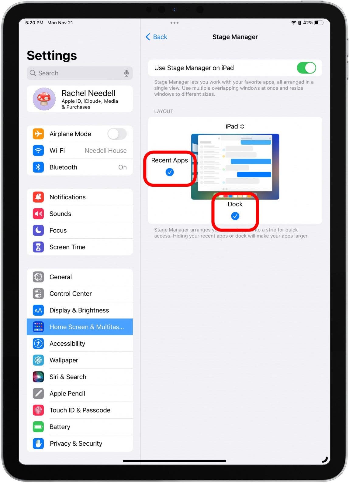 Vous pouvez également modifier les paramètres de Stage Manager. Sélectionnez si vous souhaitez voir Dock et une barre latérale de vos applications ouvertes dans Stage Manager.