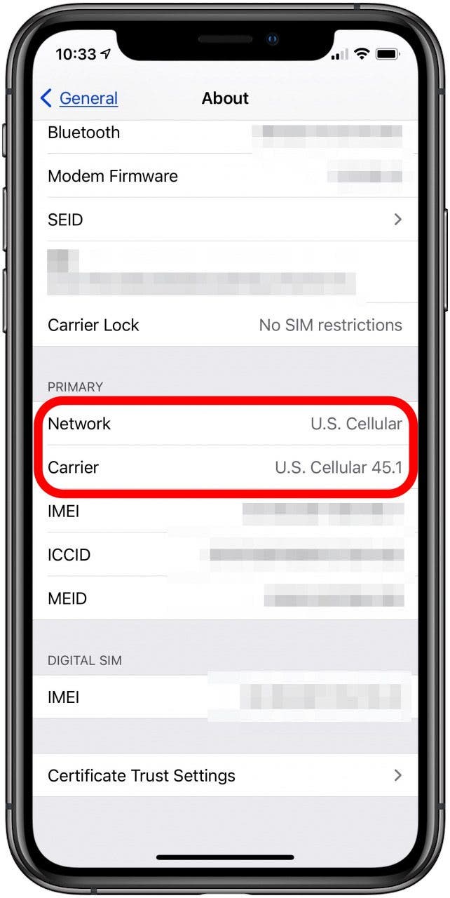 informations sur le réseau et l'opérateur de l'iphone