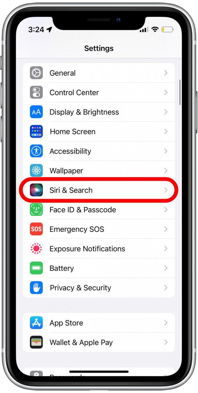 Faites défiler vers le bas et appuyez sur Siri et recherche.