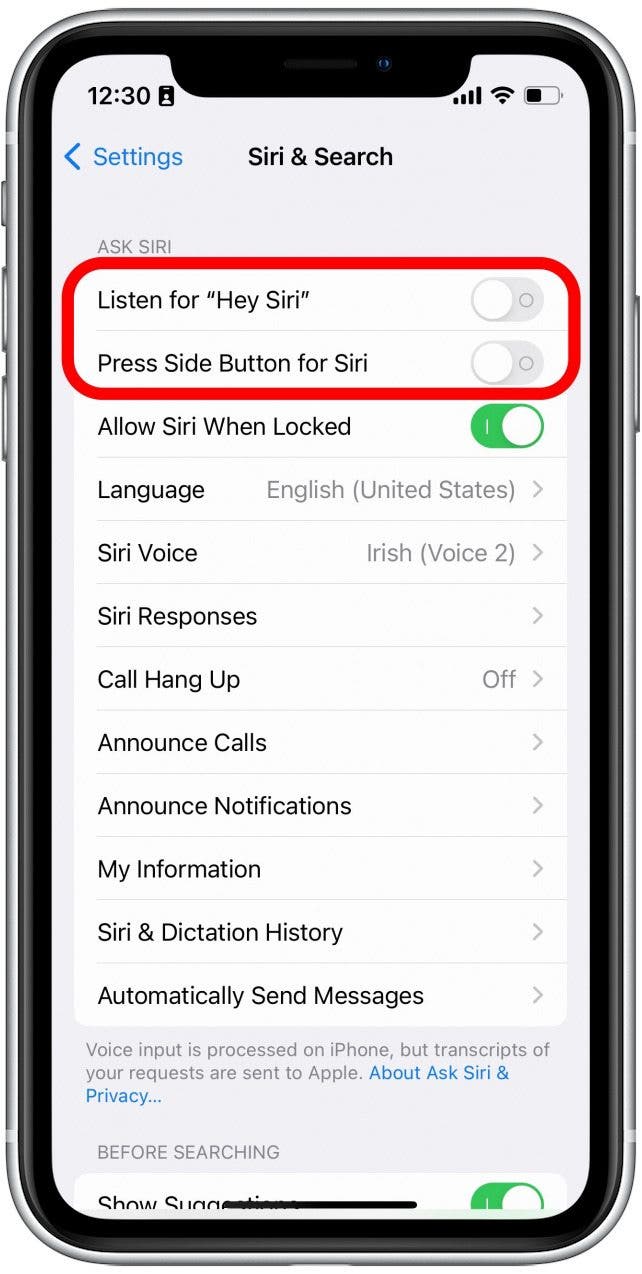 Si les bascules sont grises, cela signifie que Siri est désactivé. Appuyez sur l'un ou les deux pour qu'ils deviennent verts et activent Siri.
