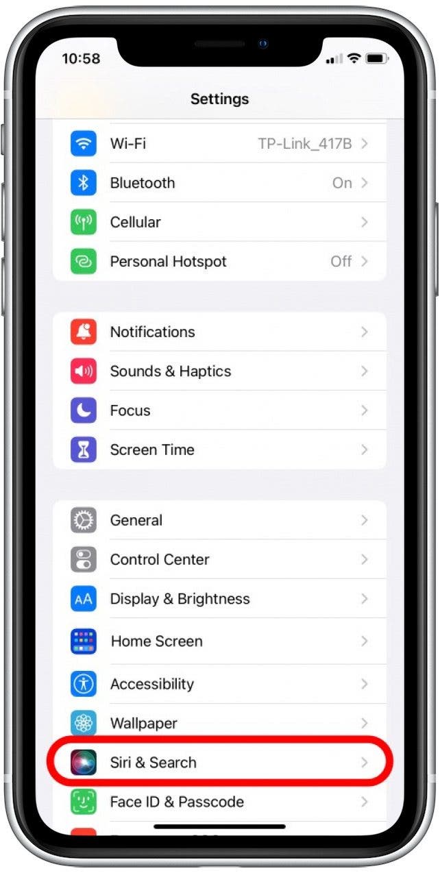 Faites défiler vers le bas et appuyez sur Siri et recherche.