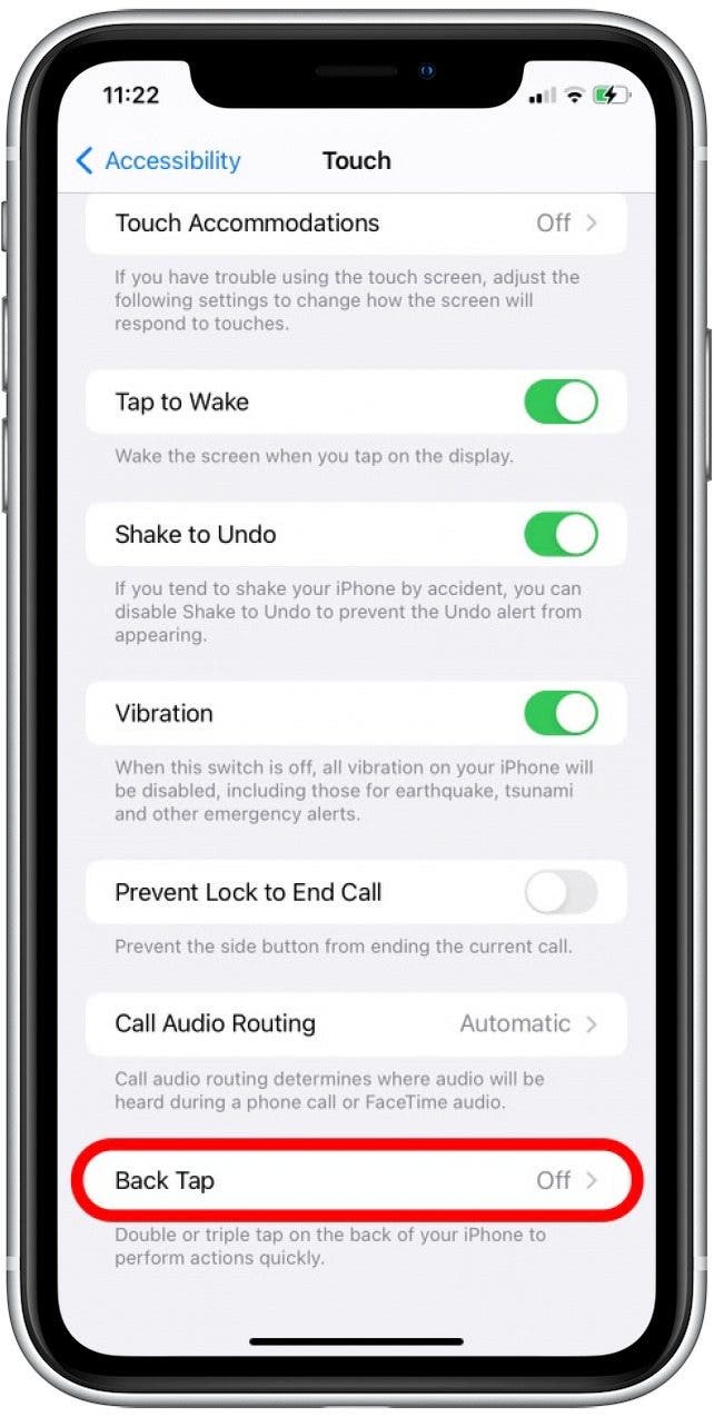 Faites défiler vers le bas et appuyez sur Back Tap.