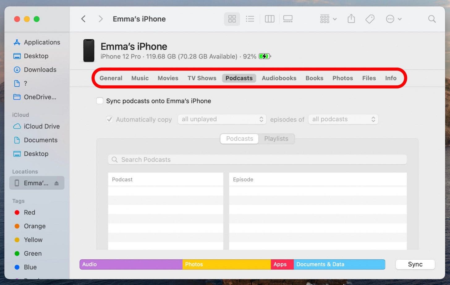 options pour synchroniser l'iphone avec le mac
