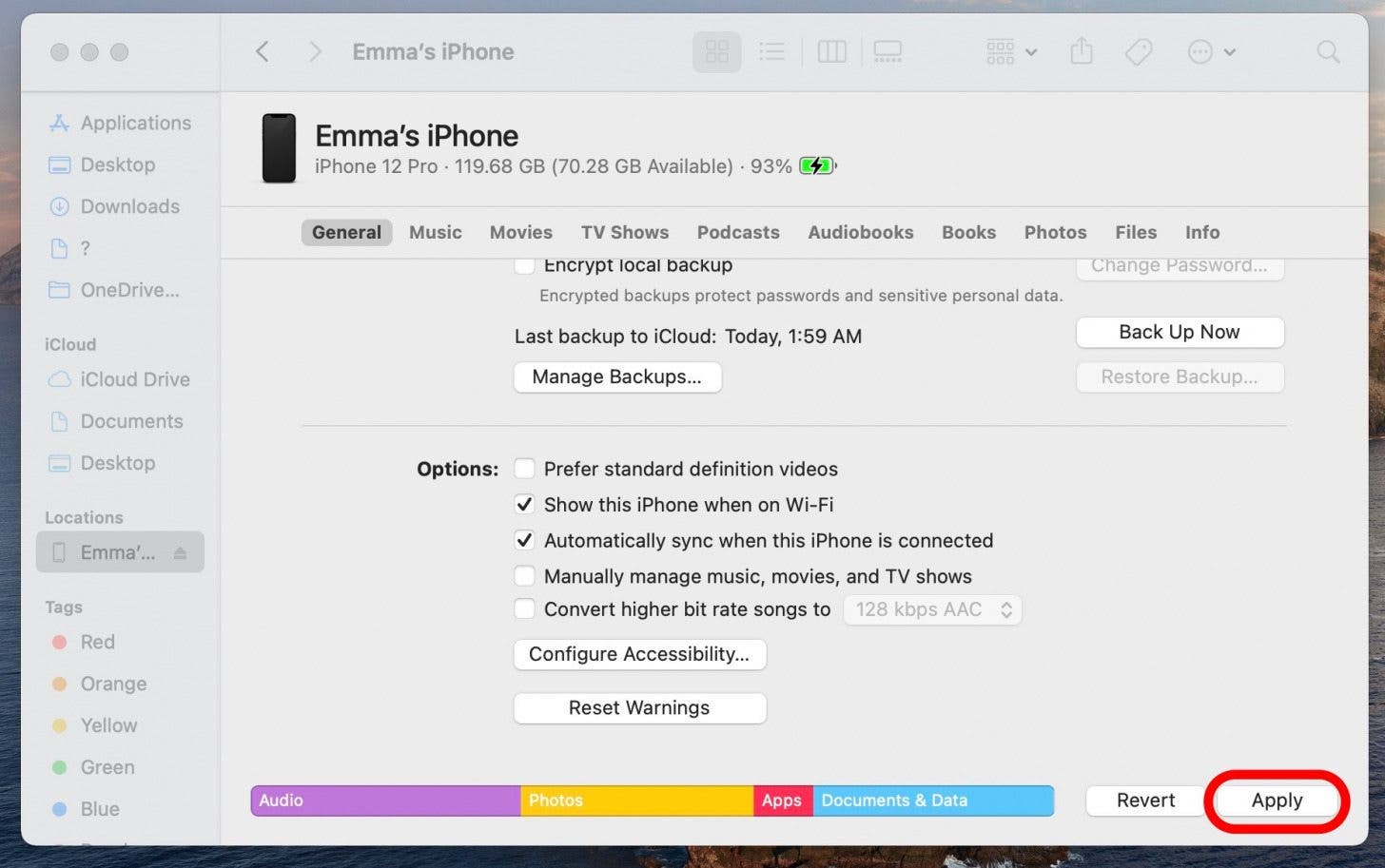 appliquer les paramètres pour synchroniser l'iphone avec le mac