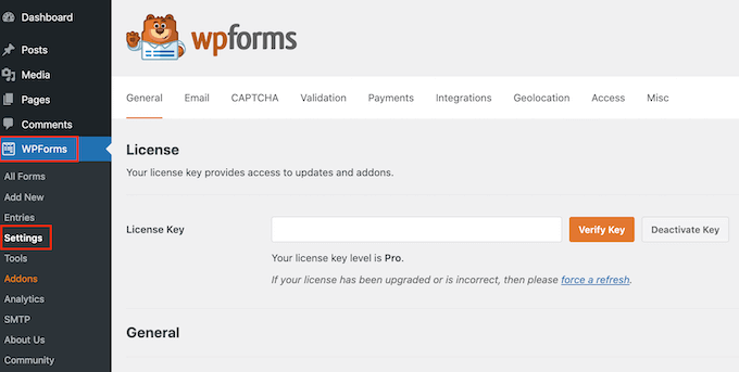 Saisie de la clé de licence WPForms Saisie de la clé de licence WPForms