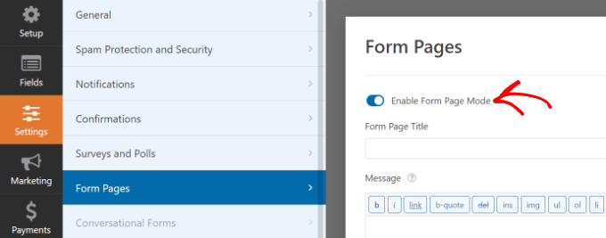 Activer le mode pages de formulaire