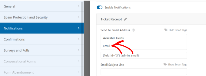 Sélectionnez l'e-mail de l'utilisateur pour la notification