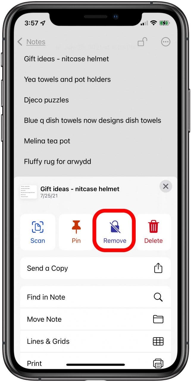 appuyez sur supprimer pour déverrouiller la note