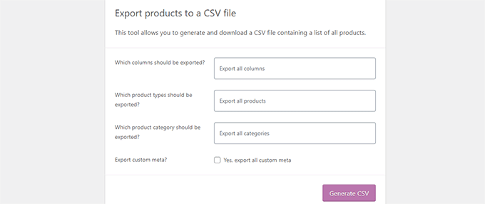 Options d'exportation de produits WooCommerce par défaut Options d'exportation de produits WooCommerce par défaut