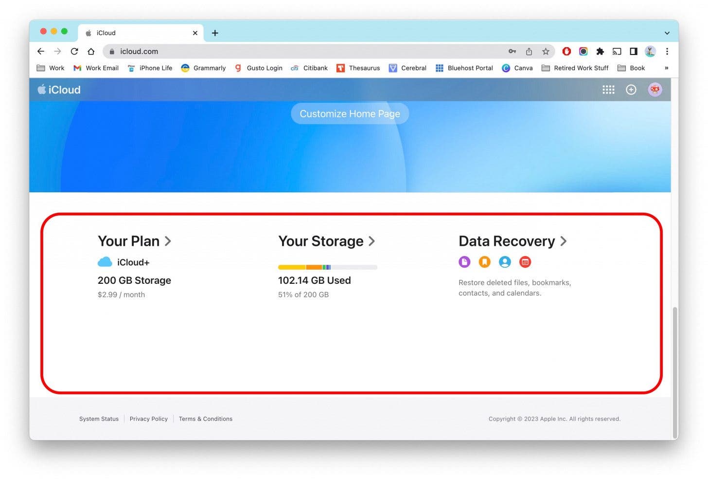 Au bas de la page, vous trouverez des statistiques et des informations importantes concernant votre compte iCloud.