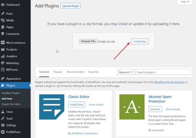 Téléchargement du plugin Botiga Pro dans WordPress