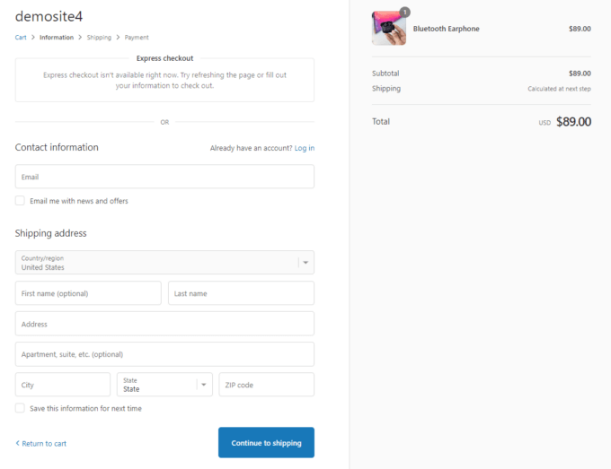 La page de paiement de Shopify
