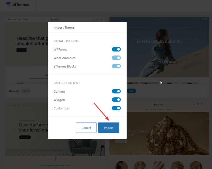 Importation d'un site de démarrage Botiga avec des plugins et du contenu