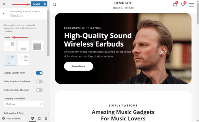 Options Botiga Customizer, bouton Publier