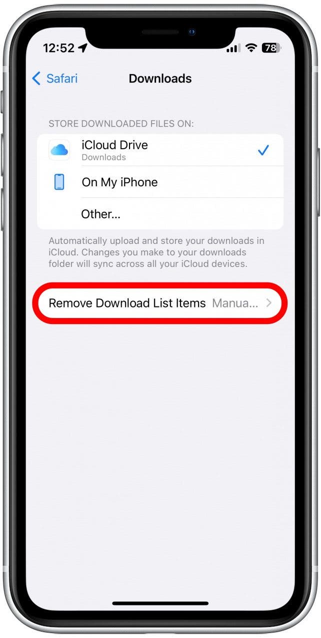 Vous pouvez également appuyer sur Supprimer les éléments de la liste de téléchargement pour modifier la durée de conservation de la liste de téléchargements dans Safari. Cela ne supprime pas les fichiers téléchargés de votre iPhone, cela les supprimera uniquement de la liste.