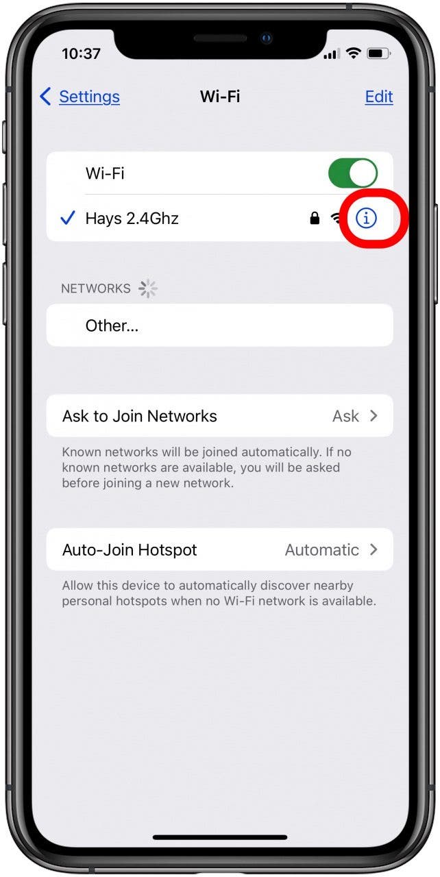 appuyez sur l'icône d'informations à côté du réseau wifi de l'iphone